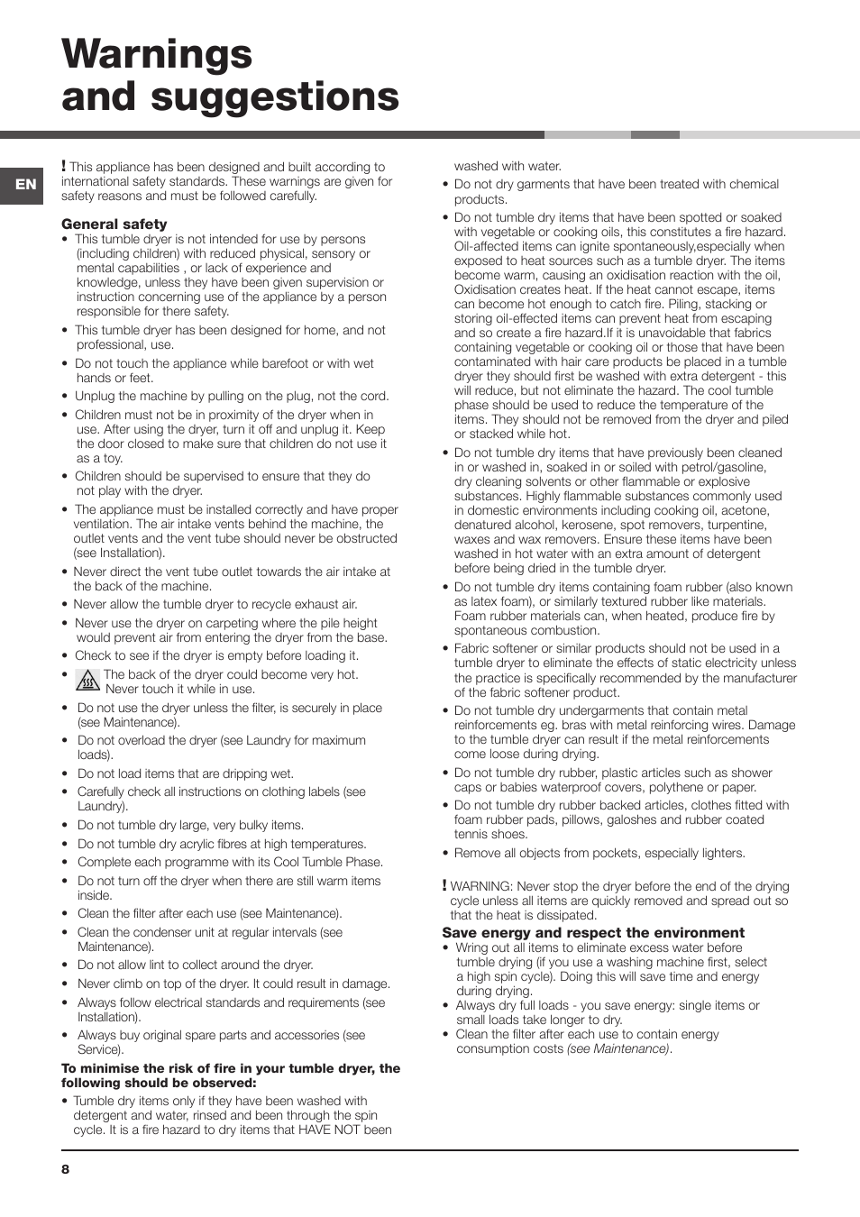 Warnings and suggestions | Indesit IDV75UK User Manual | Page 8 / 16