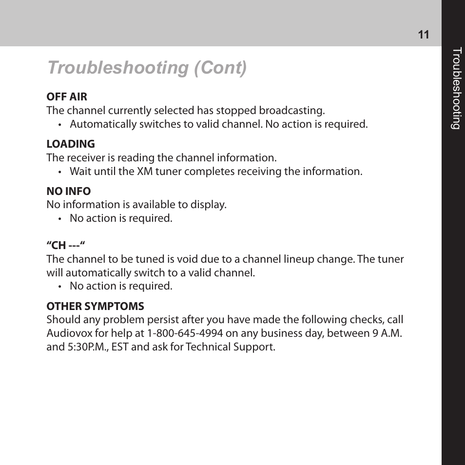 Troubleshooting (cont) | Audiovox CNP2000UC User Manual | Page 11 / 42