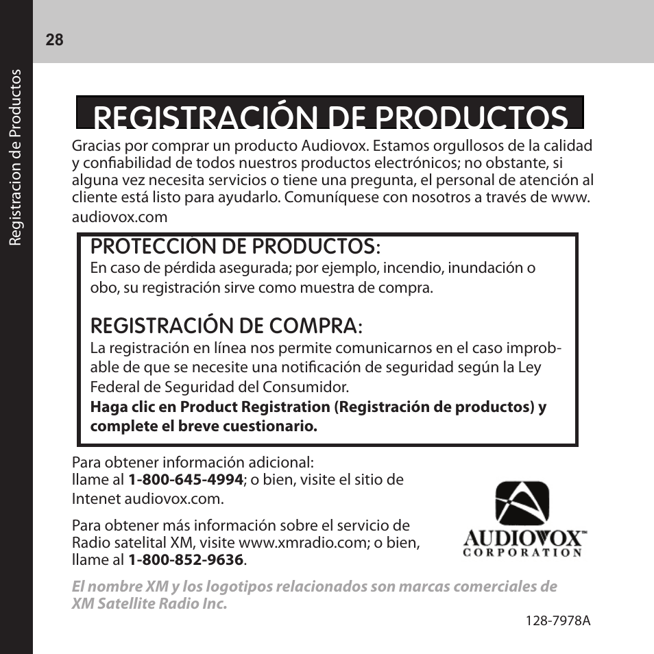Registración de productos, Protección de productos, Registración de compra | Audiovox CNP2000UC User Manual | Page 28 / 42