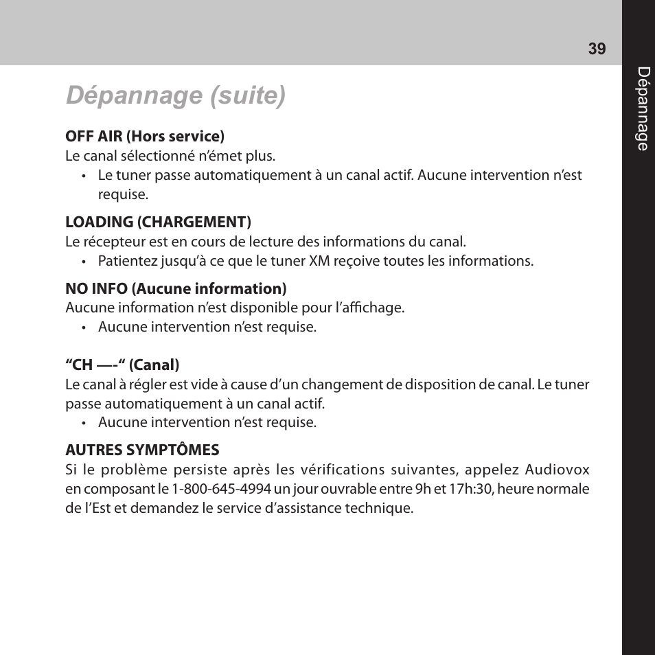Dépannage (suite) | Audiovox CNP2000UC User Manual | Page 39 / 42