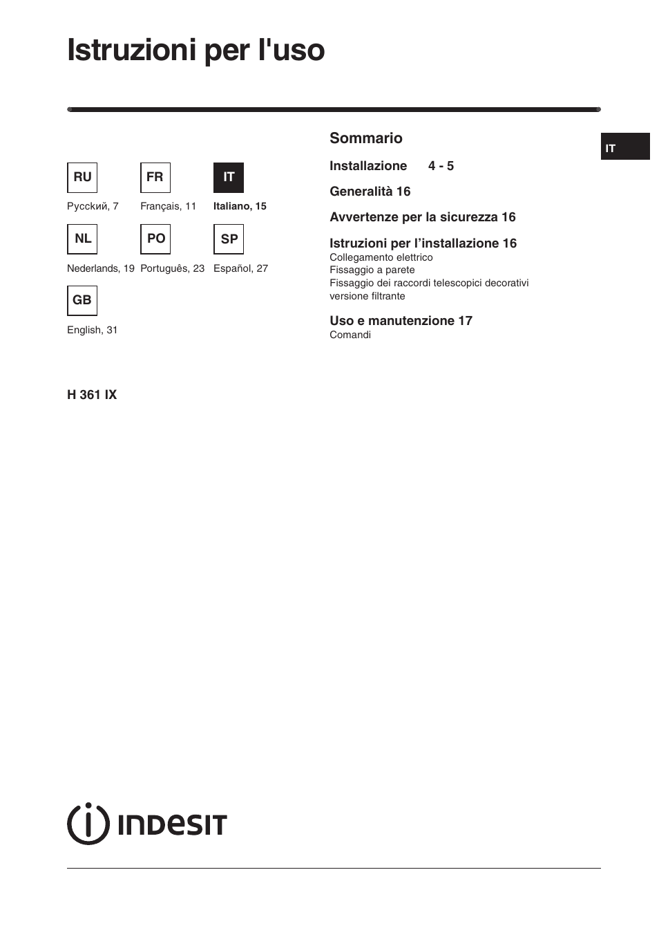 Istruzioni per l'uso | Indesit H361IX User Manual | Page 13 / 31