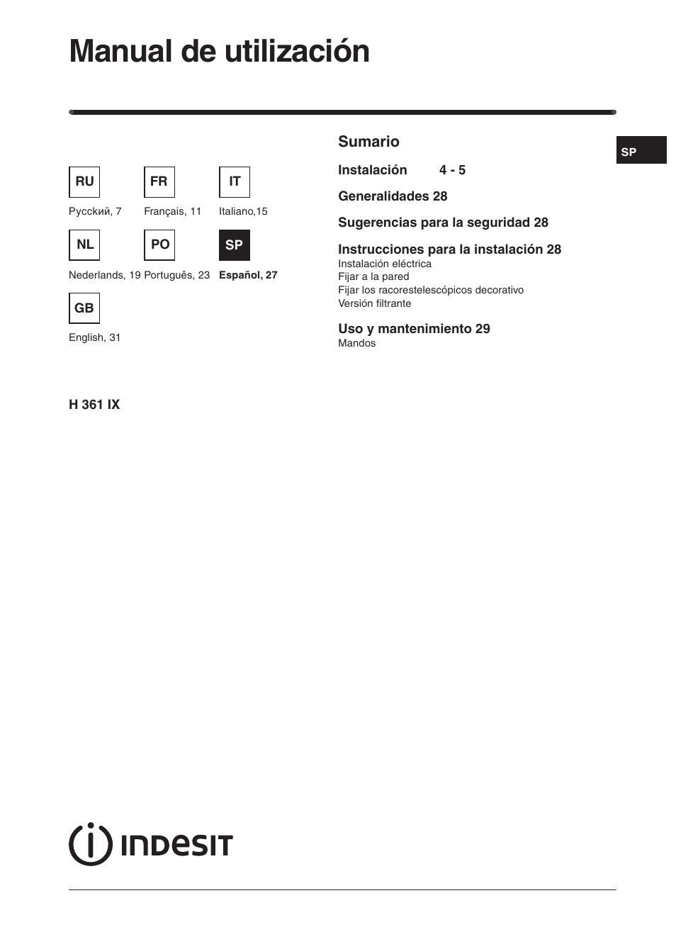 Manual de utilización | Indesit H361IX User Manual | Page 25 / 31