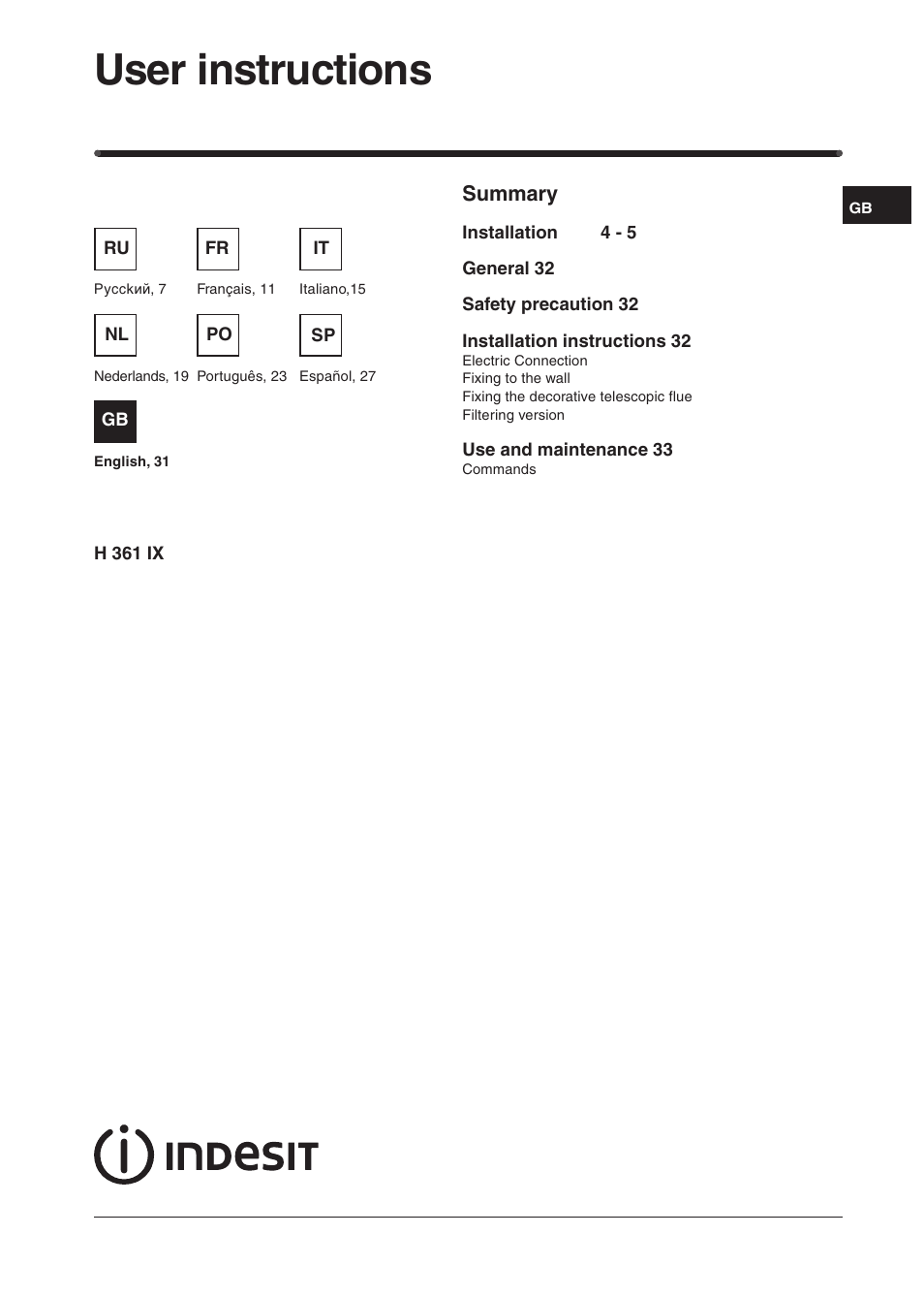 User instructions | Indesit H361IX User Manual | Page 29 / 31