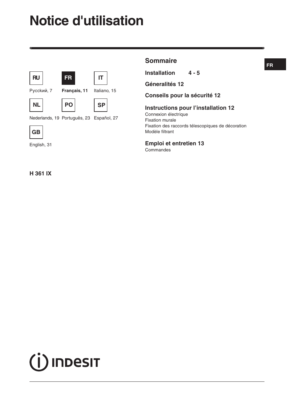 Notice d'utilisation | Indesit H361IX User Manual | Page 9 / 31
