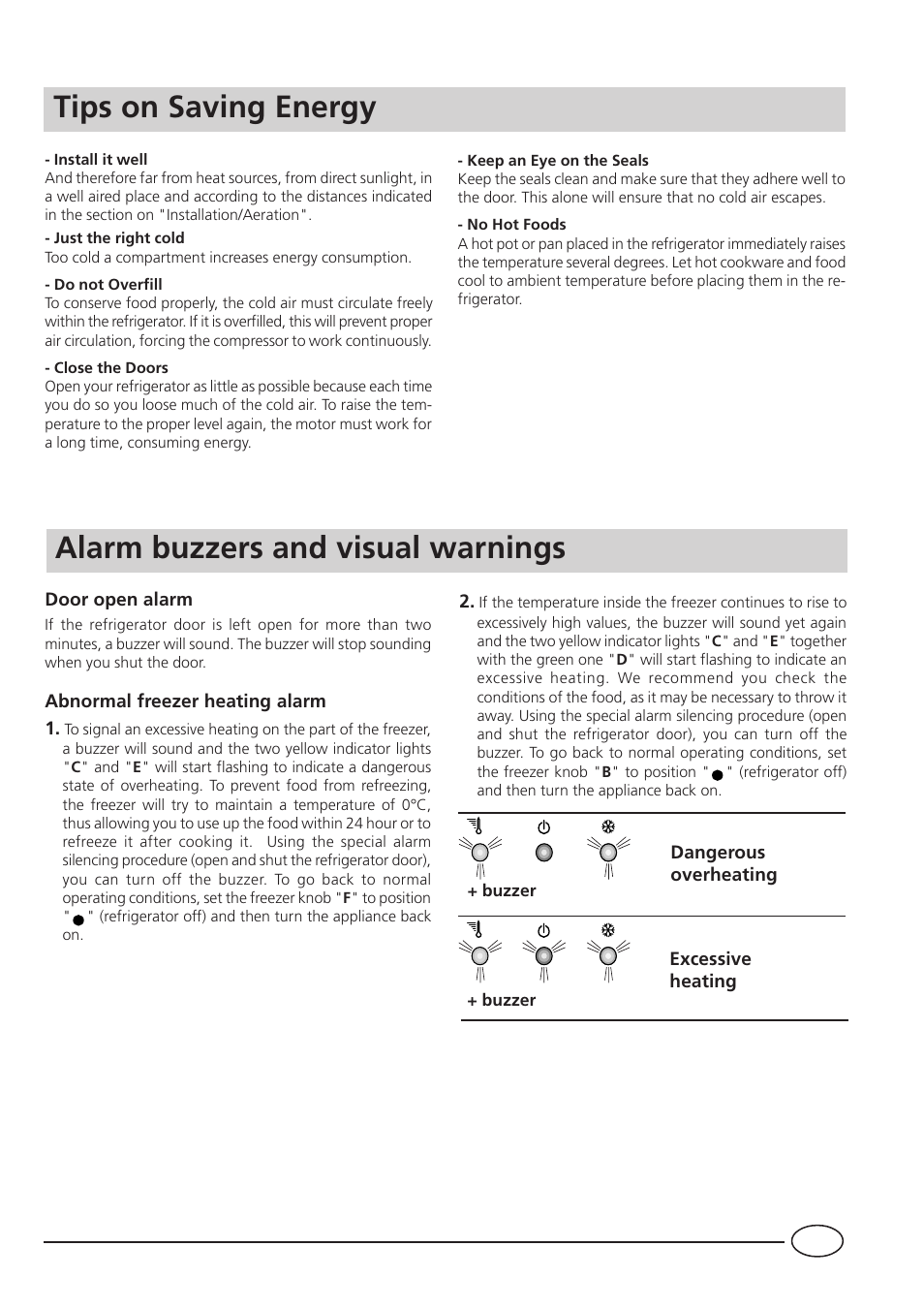 Tips on saving energy, Alarm buzzers and visual warnings | Indesit BA35P User Manual | Page 11 / 16
