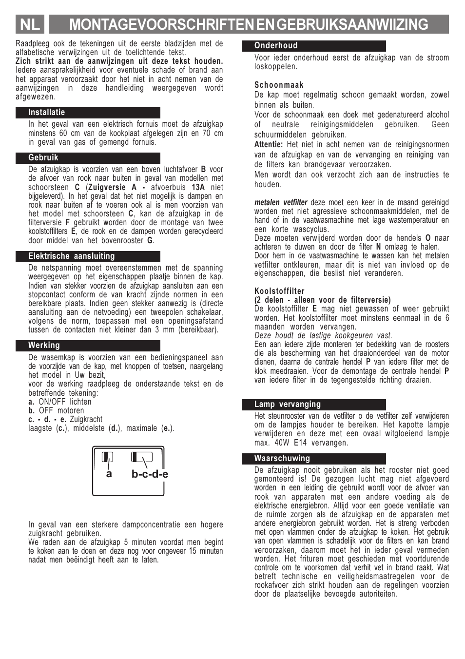 Montagevoorschriften en gebruiksaanwiizing nl, Ab-c-d-e | Indesit H571 IX User Manual | Page 8 / 12