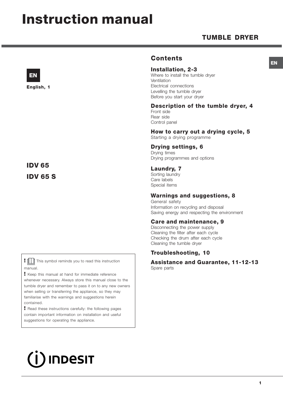 Indesit IDV65S User Manual | 16 pages