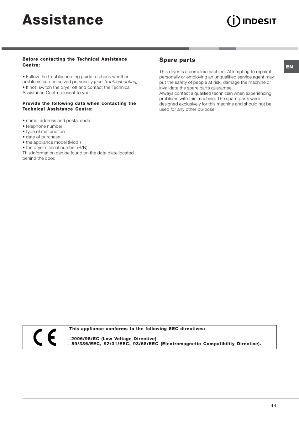 Assistance | Indesit IDV65S User Manual | Page 11 / 16