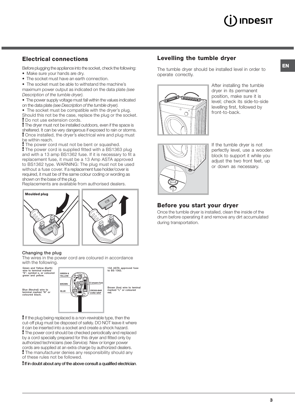 Electrical connections, Levelling the tumble dryer, Before you start your dryer | Indesit IDV65S User Manual | Page 3 / 16