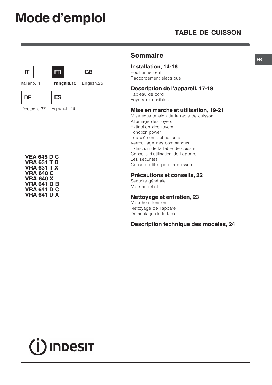 Mode demploi, Sommaire, Table de cuisson | Indesit VRA640X – for models to 29 Nov 2009 User Manual | Page 13 / 60