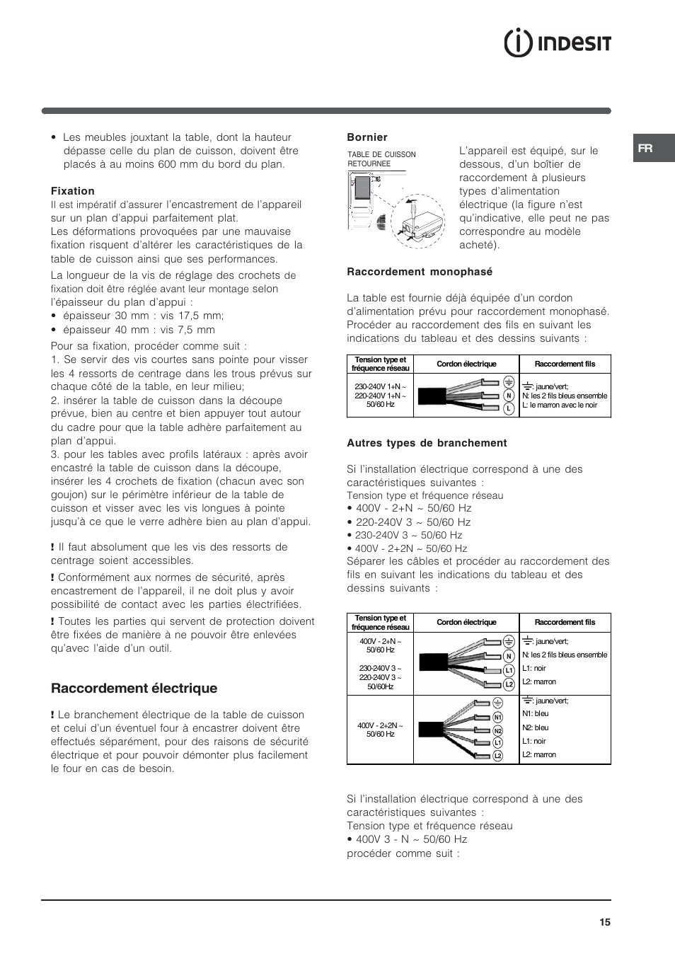 Raccordement électrique | Indesit VRA640X – for models to 29 Nov 2009 User Manual | Page 15 / 60