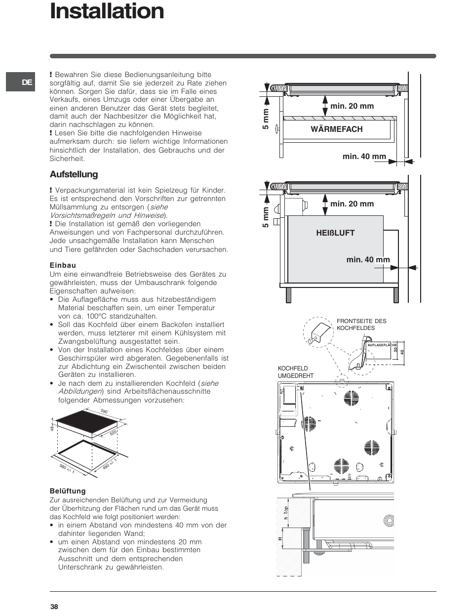 Installation, Aufstellung | Indesit VRA640X – for models to 29 Nov 2009 User Manual | Page 38 / 60