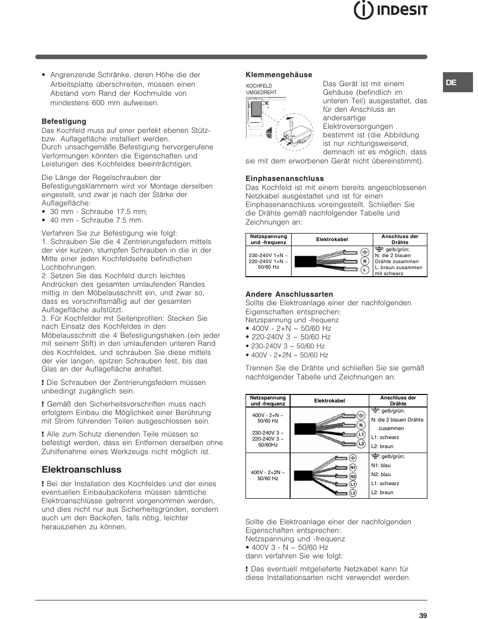 Elektroanschluss | Indesit VRA640X – for models to 29 Nov 2009 User Manual | Page 39 / 60