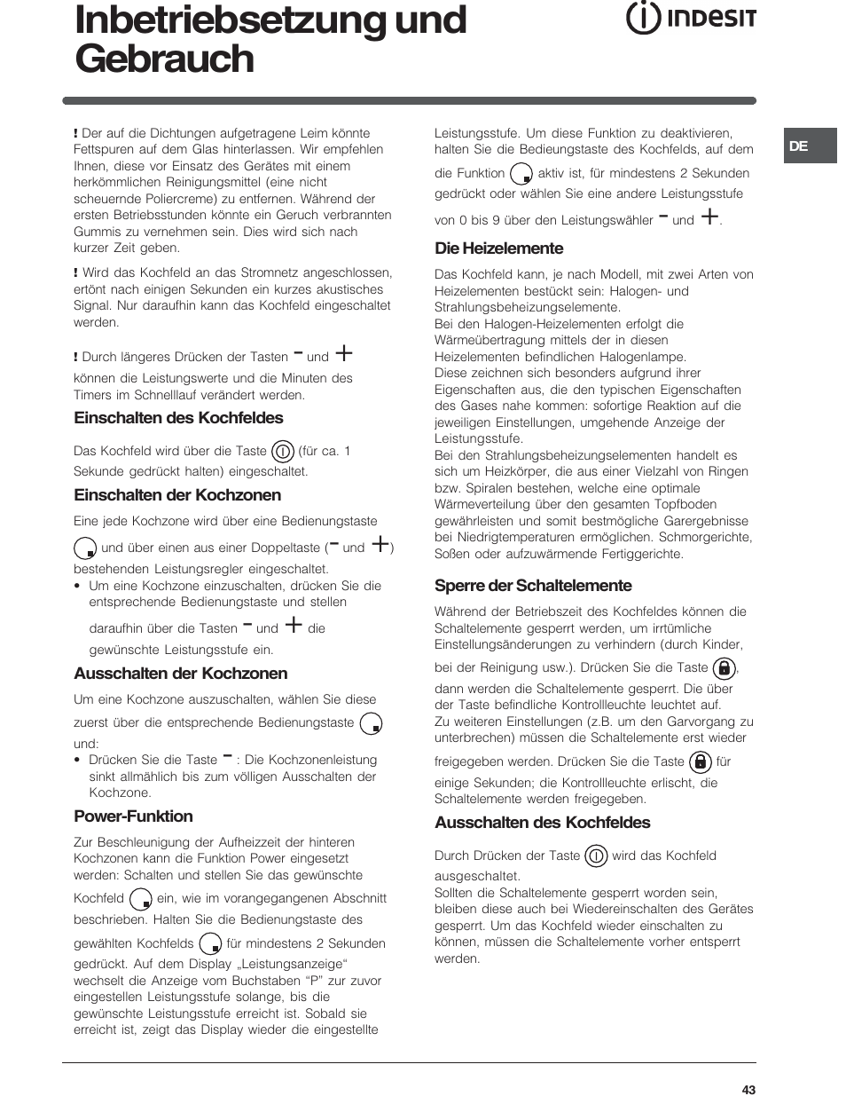 Inbetriebsetzung und gebrauch | Indesit VRA640X – for models to 29 Nov 2009 User Manual | Page 43 / 60