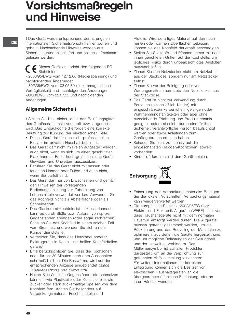 Vorsichtsmaßregeln und hinweise | Indesit VRA640X – for models to 29 Nov 2009 User Manual | Page 46 / 60