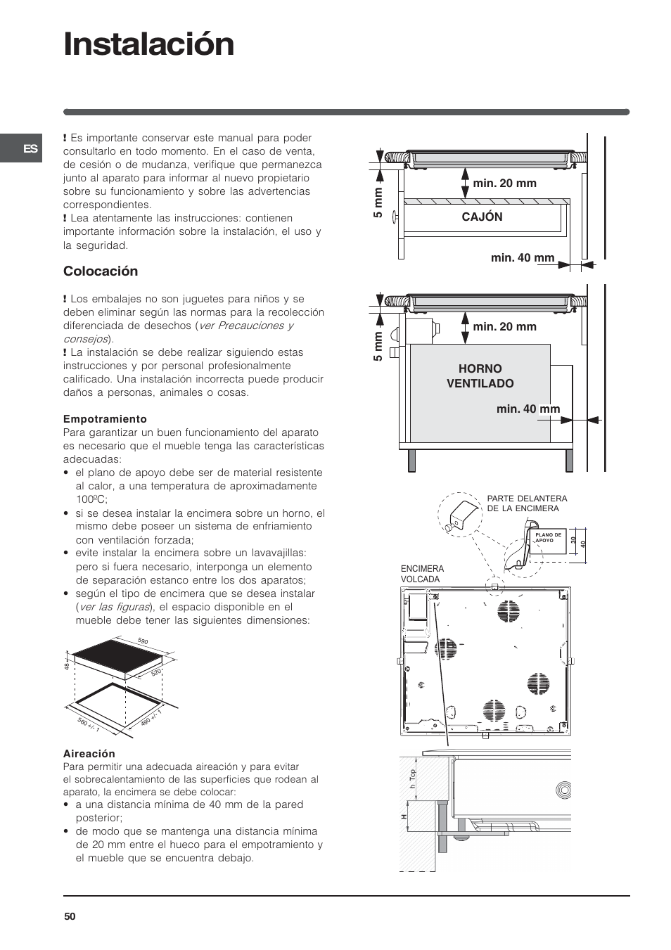 Instalación, Colocación | Indesit VRA640X – for models to 29 Nov 2009 User Manual | Page 50 / 60