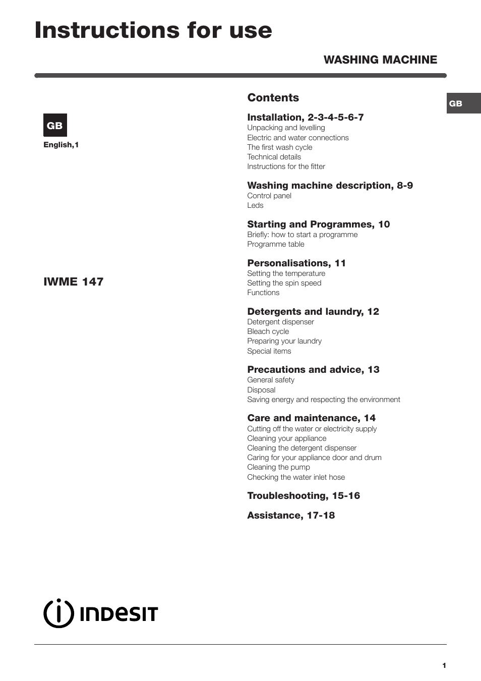Indesit IWME147UKE – models produced up to Jan 2012 User Manual | 20 pages