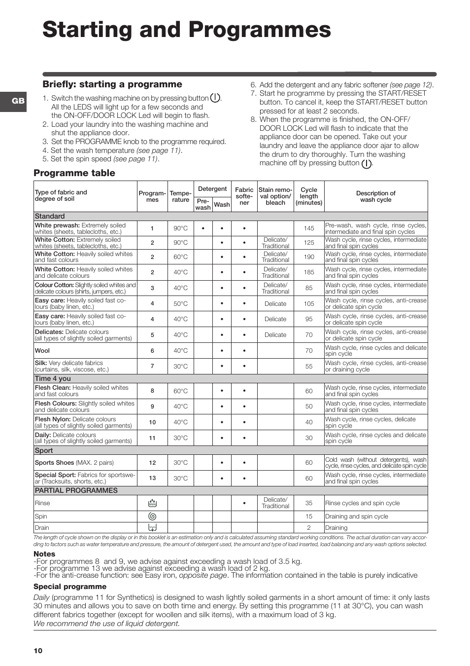 Starting and programmes, Programme table briefly: starting a programme | Indesit IWME147UKE – models produced up to Jan 2012 User Manual | Page 10 / 20