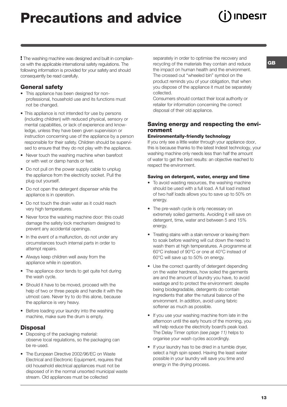 Precautions and advice | Indesit IWME147UKE – models produced up to Jan 2012 User Manual | Page 13 / 20