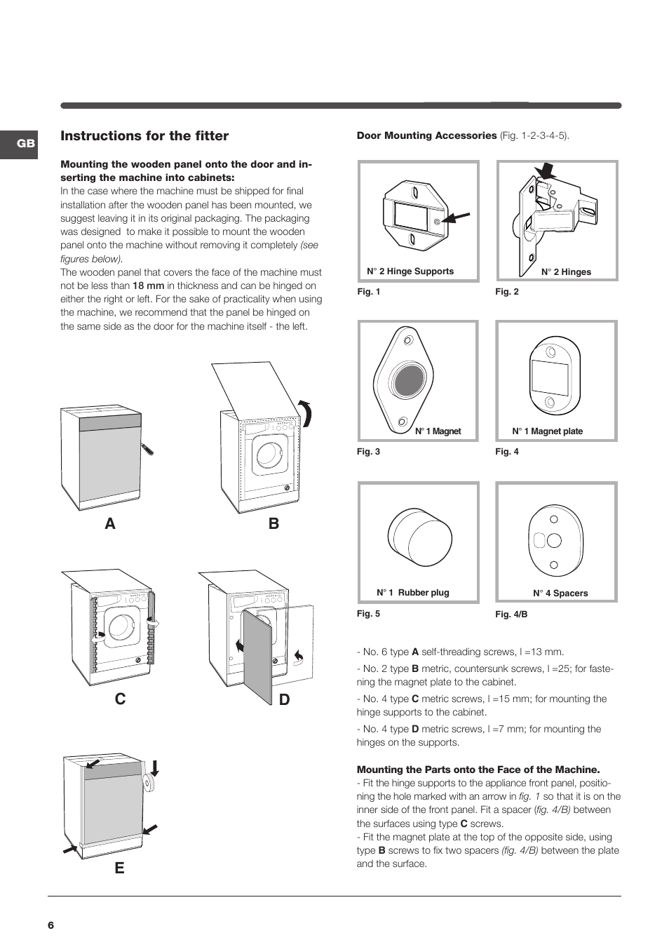 Ab c d e, Instructions for the fitter | Indesit IWME147UKE – models produced up to Jan 2012 User Manual | Page 6 / 20