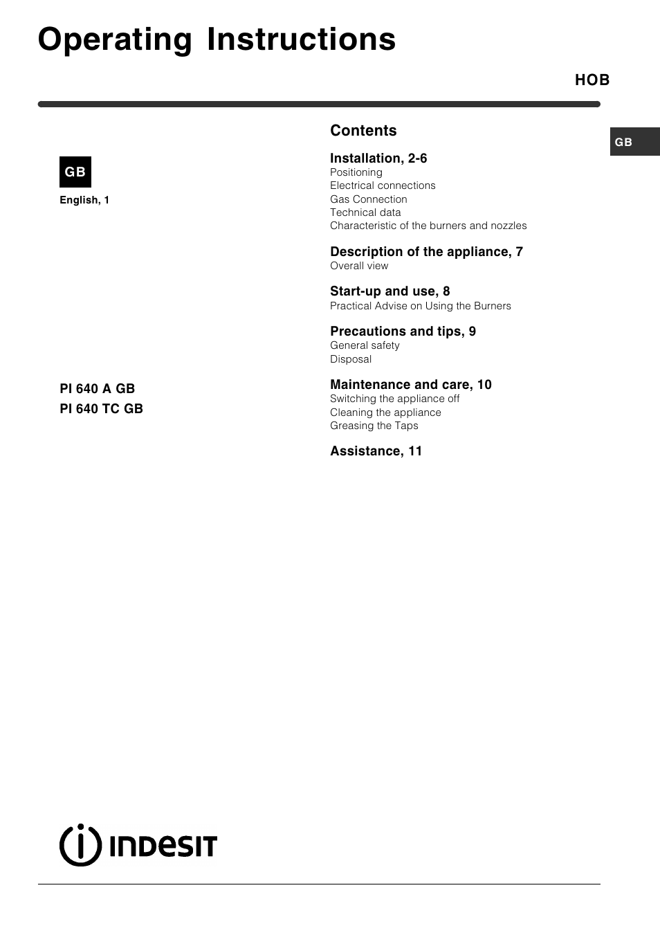 Indesit PI640 A GB User Manual | 12 pages