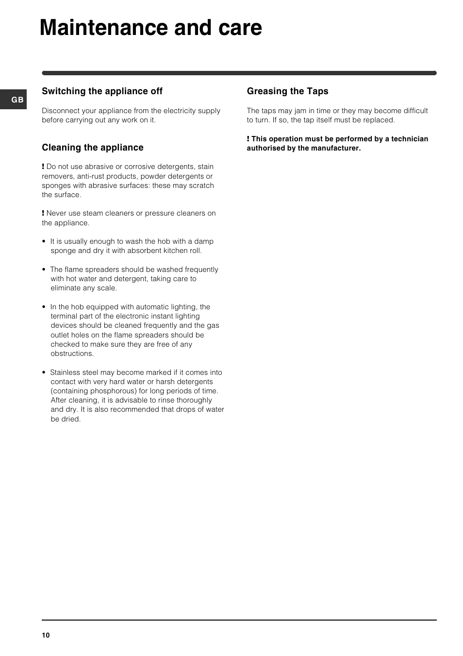 Maintenance and care | Indesit PI640 A GB User Manual | Page 10 / 12