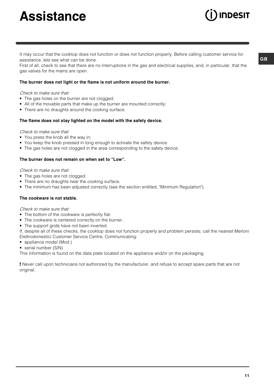 Assistance | Indesit PI640 A GB User Manual | Page 11 / 12