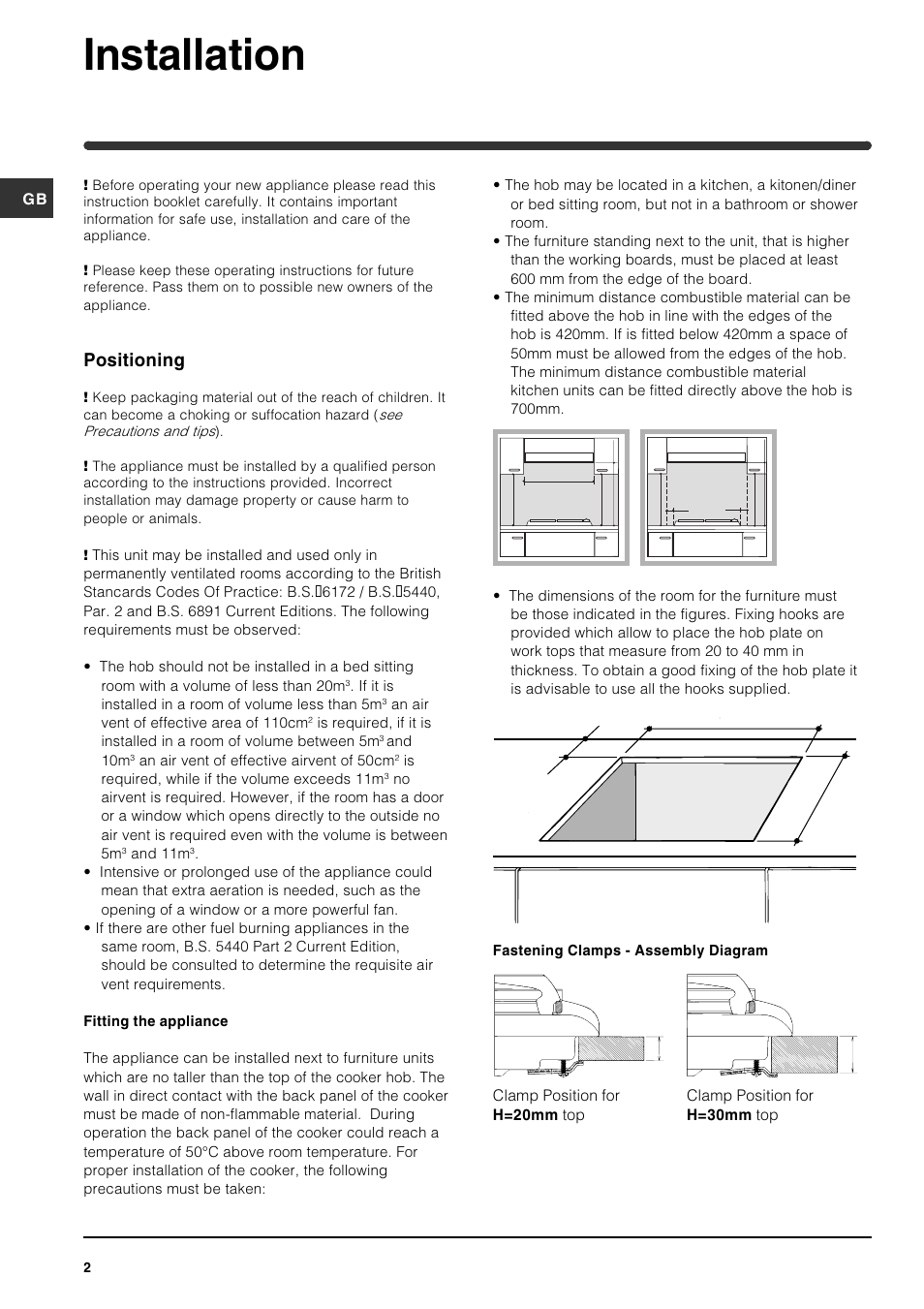 Installation, Positioning, Clamp position for | Clamp position for h=20mm top h=30mm top, An air vent of effective area of 110cm, And 10m, An air vent of effective airvent of 50cm, Is required, while if the volume exceeds 11m, And 11m, Fastening clamps - assembly diagram | Indesit PI640 A GB User Manual | Page 2 / 12