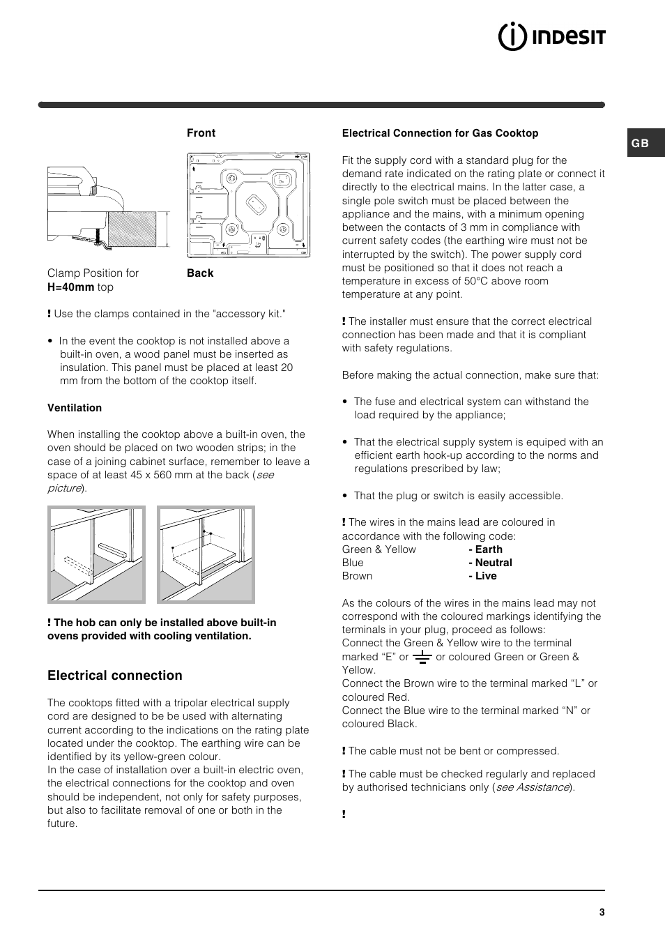 Electrical connection | Indesit PI640 A GB User Manual | Page 3 / 12
