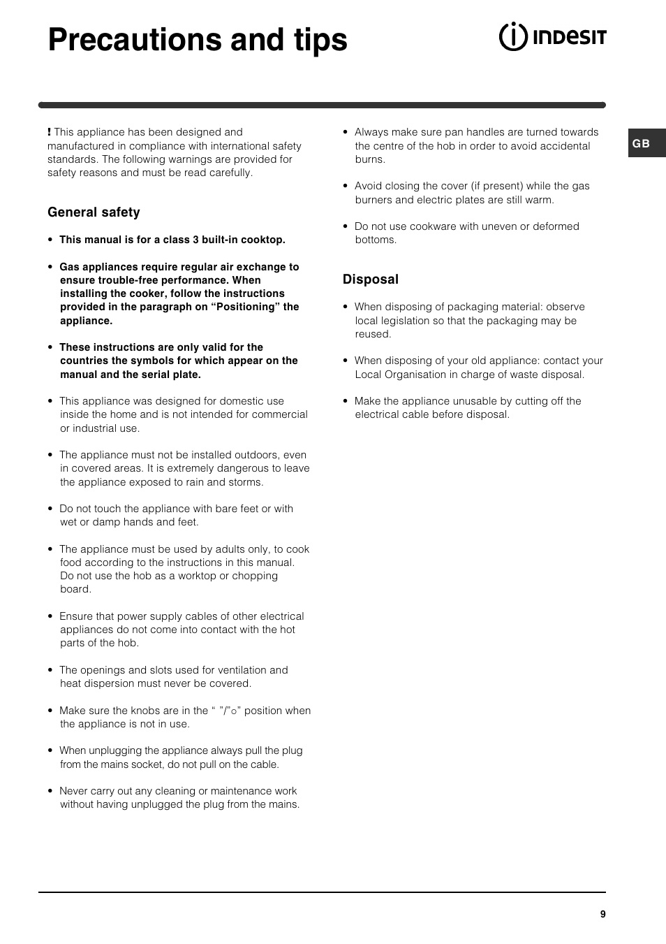 Precautions and tips, General safety, Disposal | Indesit PI640 A GB User Manual | Page 9 / 12