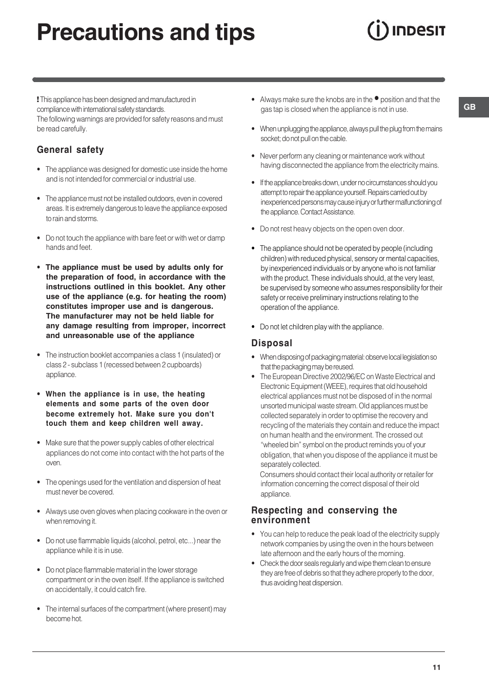 Precautions and tips | Indesit IS60G1W User Manual | Page 11 / 12