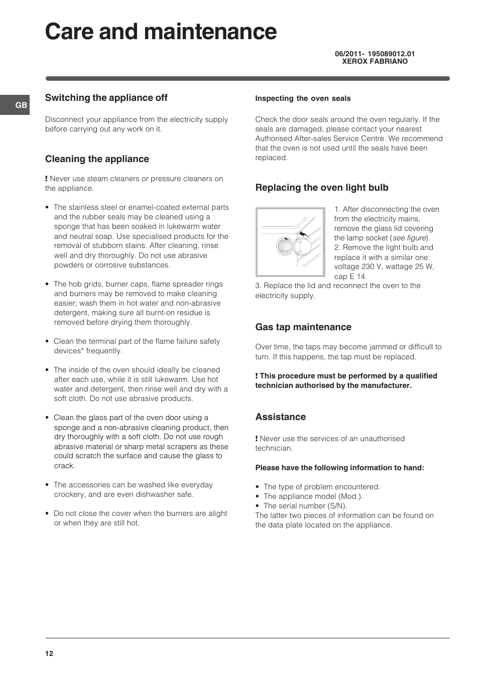 Care and maintenance | Indesit IS60G1W User Manual | Page 12 / 12