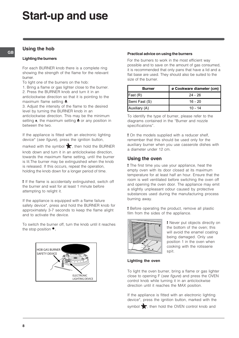 Start-up and use | Indesit IS60G1W User Manual | Page 8 / 12