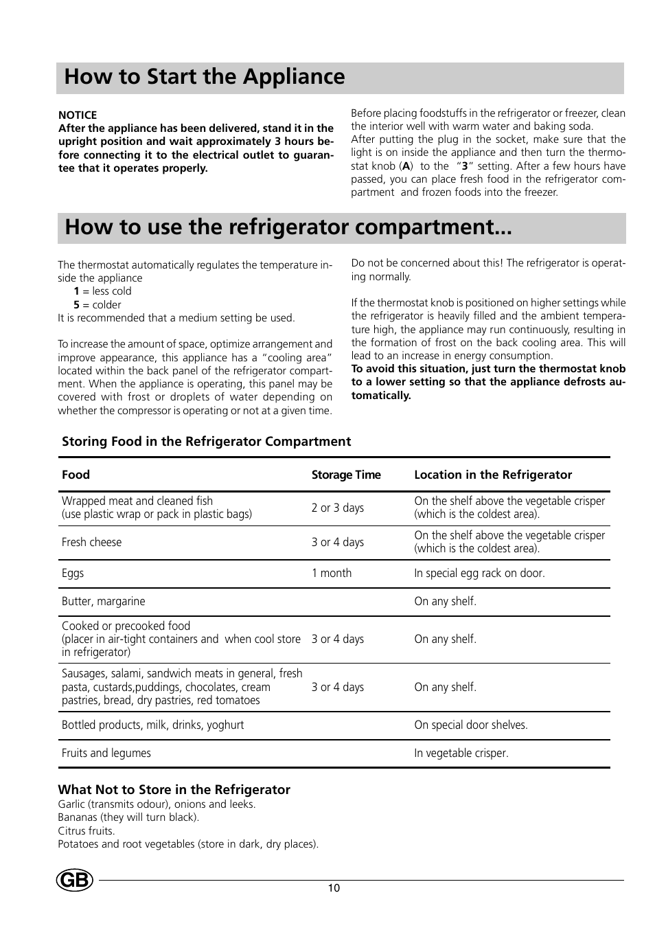 How to start the appliance, How to use the refrigerator compartment | Indesit RG2190 User Manual | Page 12 / 72