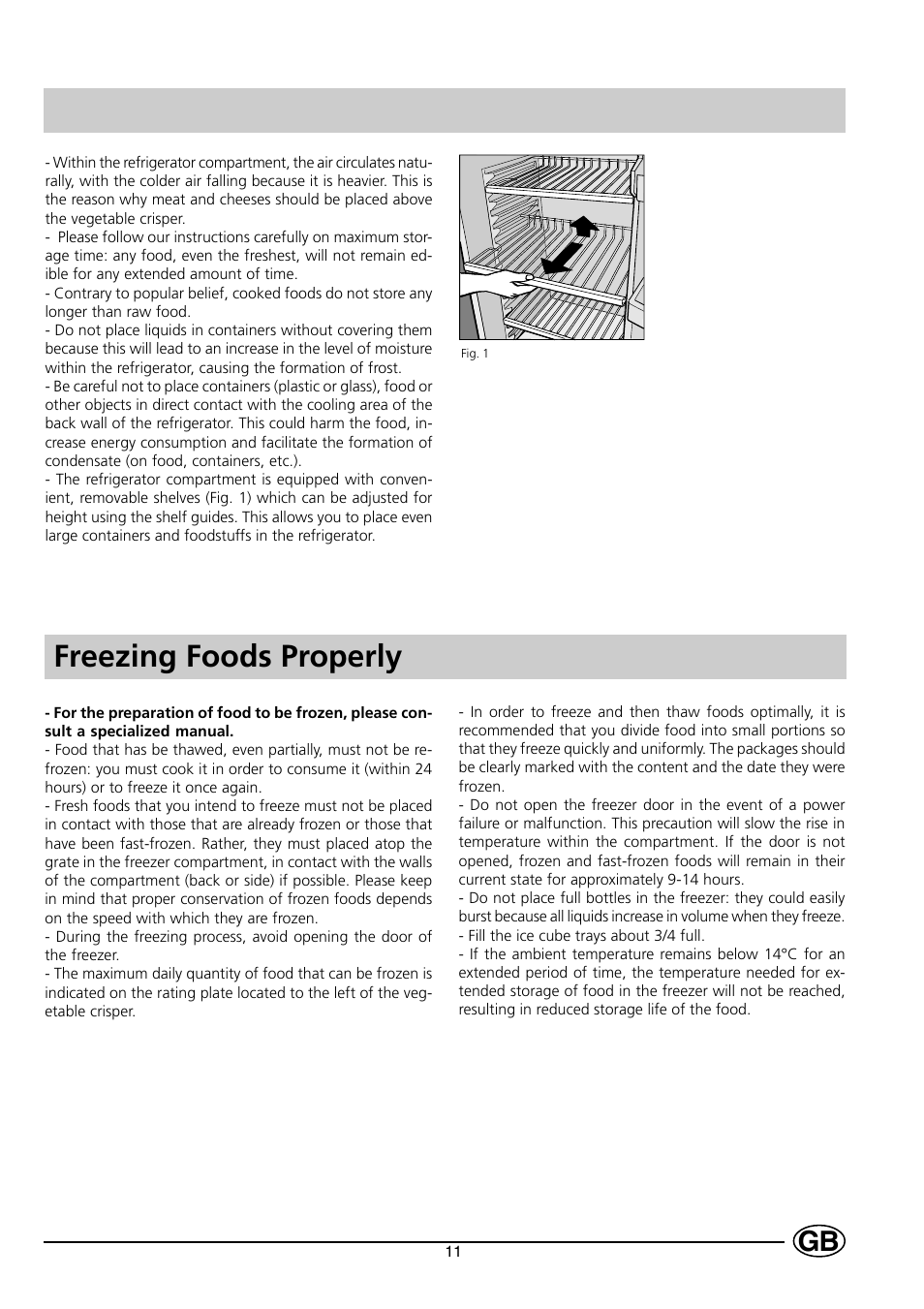 Freezing foods properly | Indesit RG2190 User Manual | Page 13 / 72