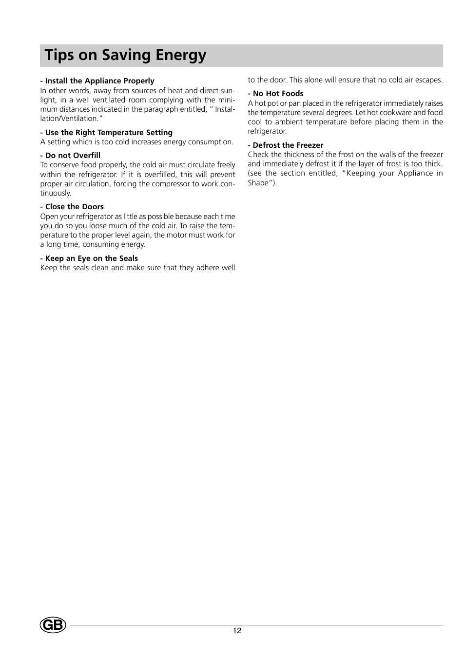 Tips on saving energy | Indesit RG2190 User Manual | Page 14 / 72