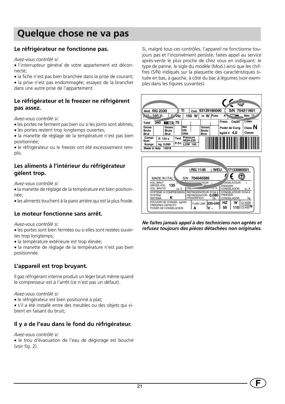 Quelque chose ne va pas, Le réfrigérateur ne fonctionne pas, Le moteur fonctionne sans arrêt | L’appareil est trop bruyant, Il y a de l’eau dans le fond du réfrigérateur | Indesit RG2190 User Manual | Page 23 / 72