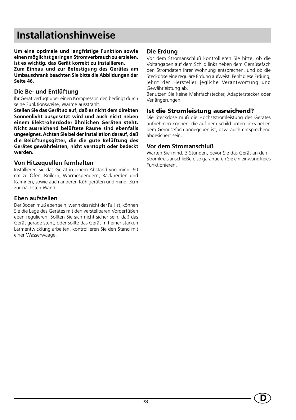 Installationshinweise | Indesit RG2190 User Manual | Page 25 / 72