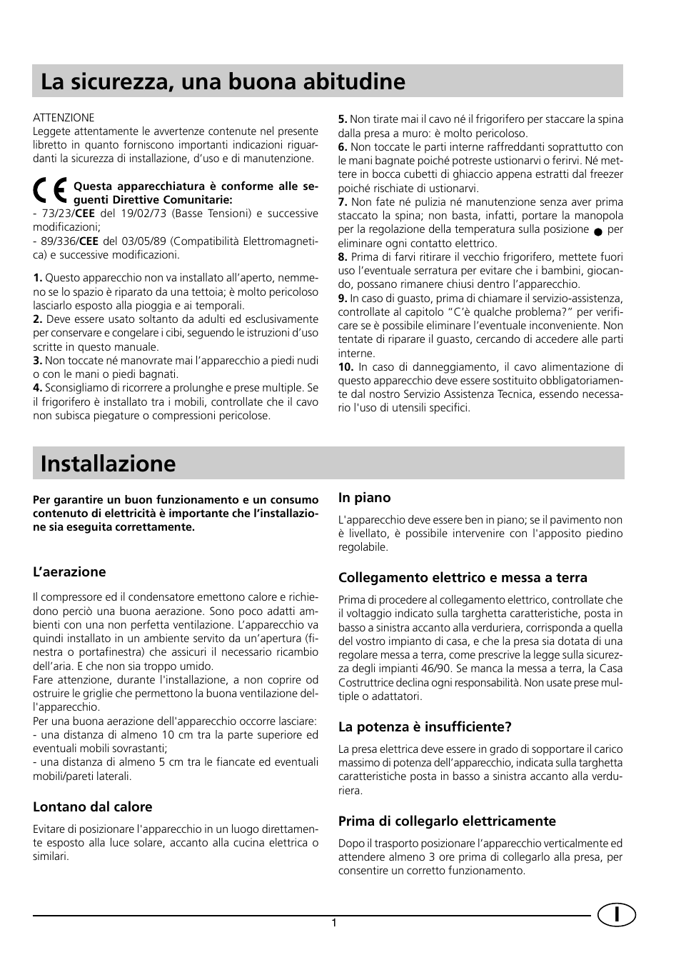 La sicurezza, una buona abitudine, Installazione | Indesit RG2190 User Manual | Page 3 / 72