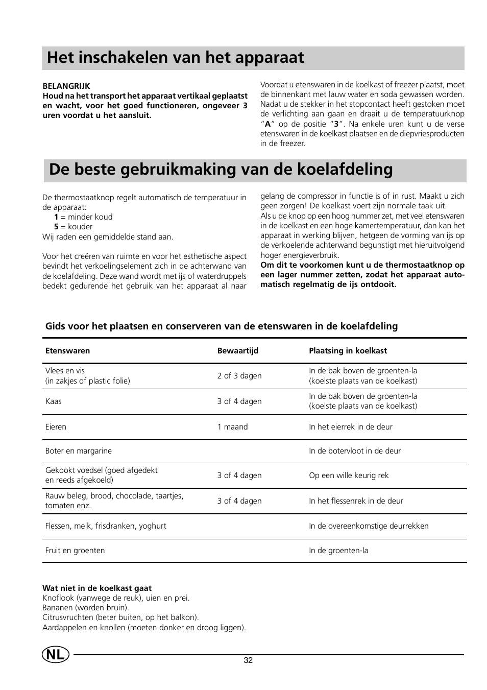 Het inschakelen van het apparaat, De beste gebruikmaking van de koelafdeling | Indesit RG2190 User Manual | Page 34 / 72