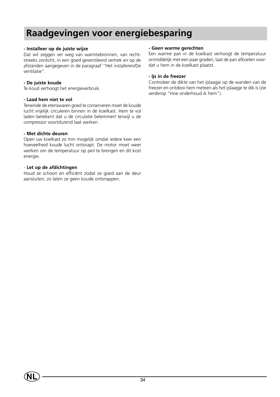 Raadgevingen voor energiebesparing | Indesit RG2190 User Manual | Page 36 / 72