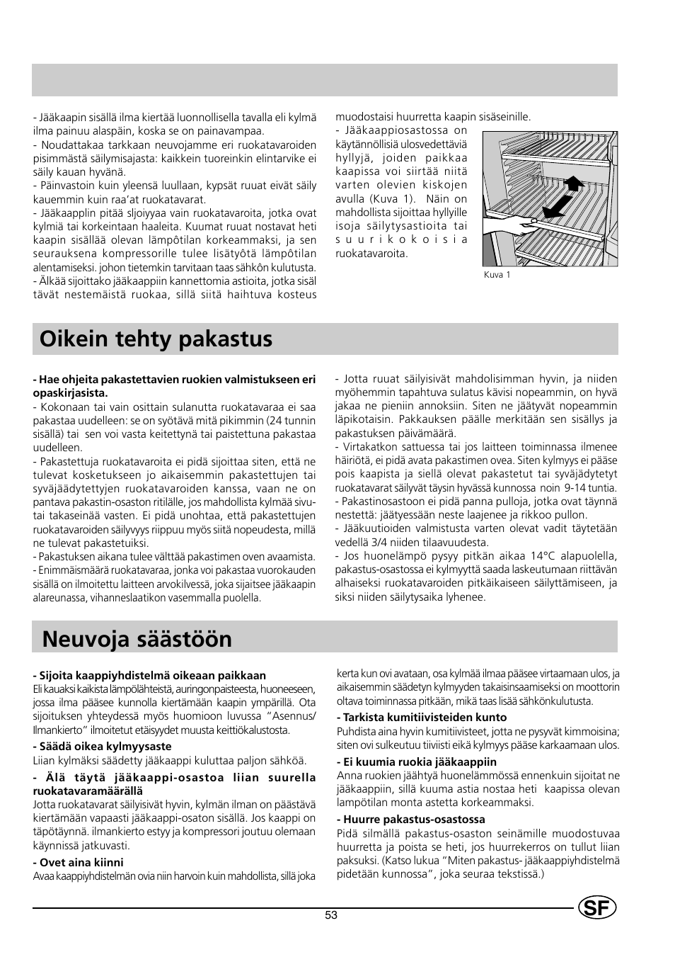 Oikein tehty pakastus neuvoja säästöön | Indesit RG2190 User Manual | Page 55 / 72