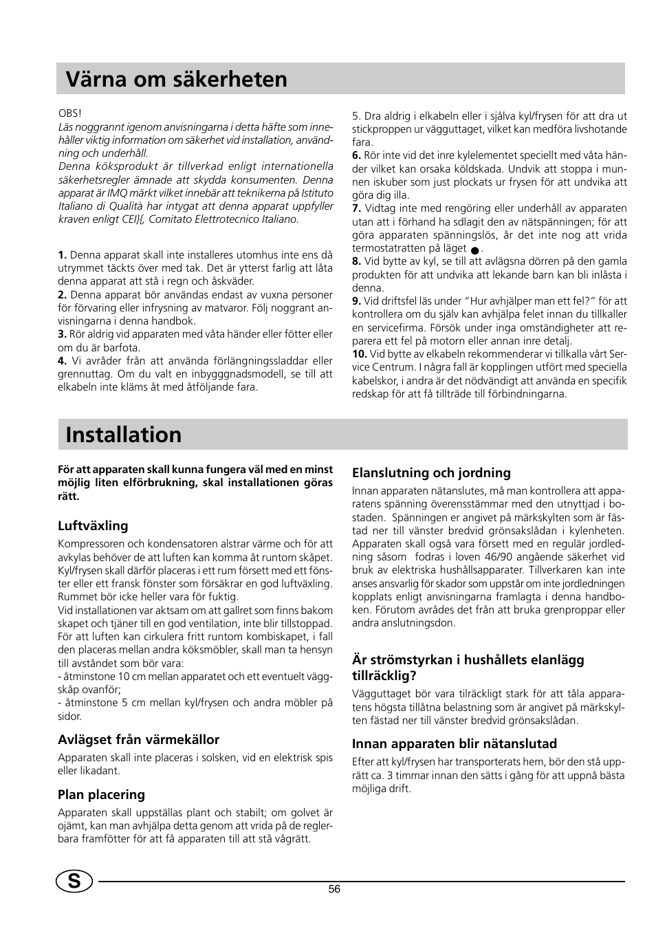 Värna om säkerheten, Installation | Indesit RG2190 User Manual | Page 58 / 72