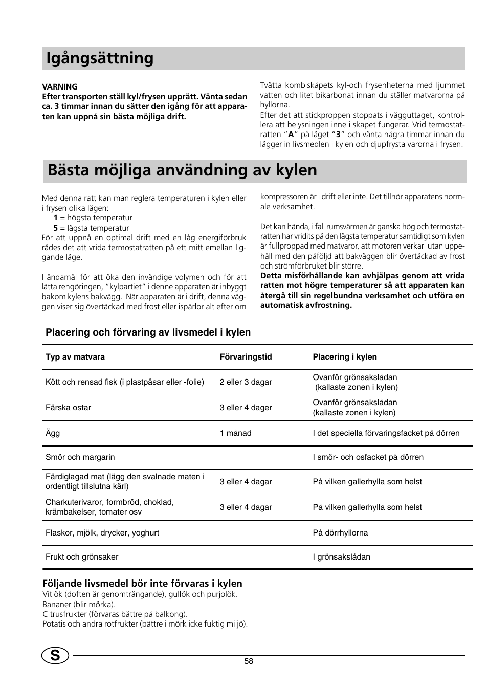 Igångsättning, Bästa möjliga användning av kylen | Indesit RG2190 User Manual | Page 60 / 72