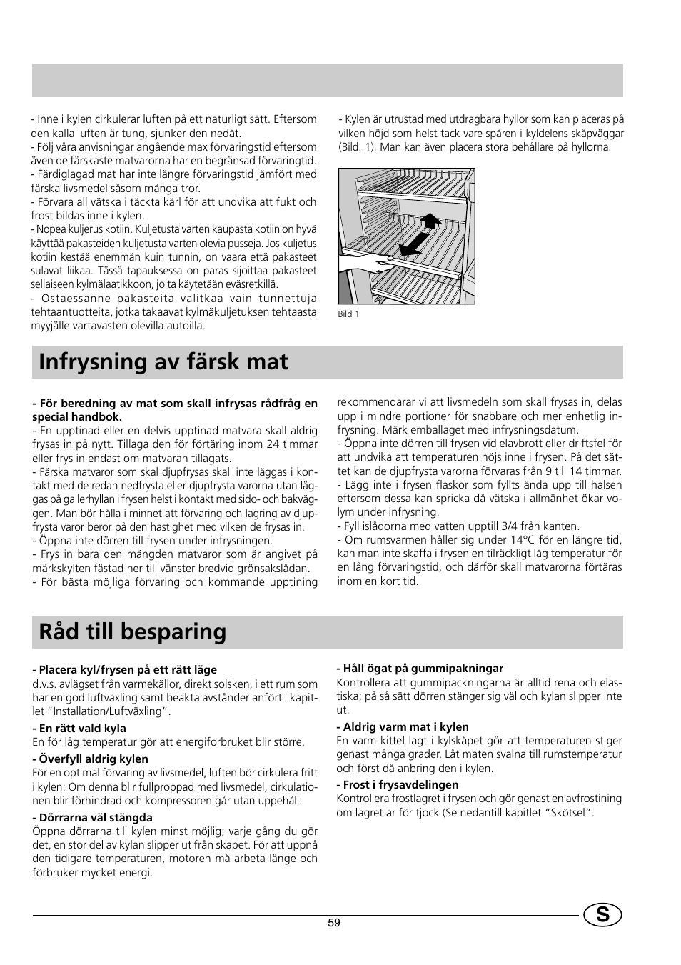 Infrysning av färsk mat råd till besparing | Indesit RG2190 User Manual | Page 61 / 72