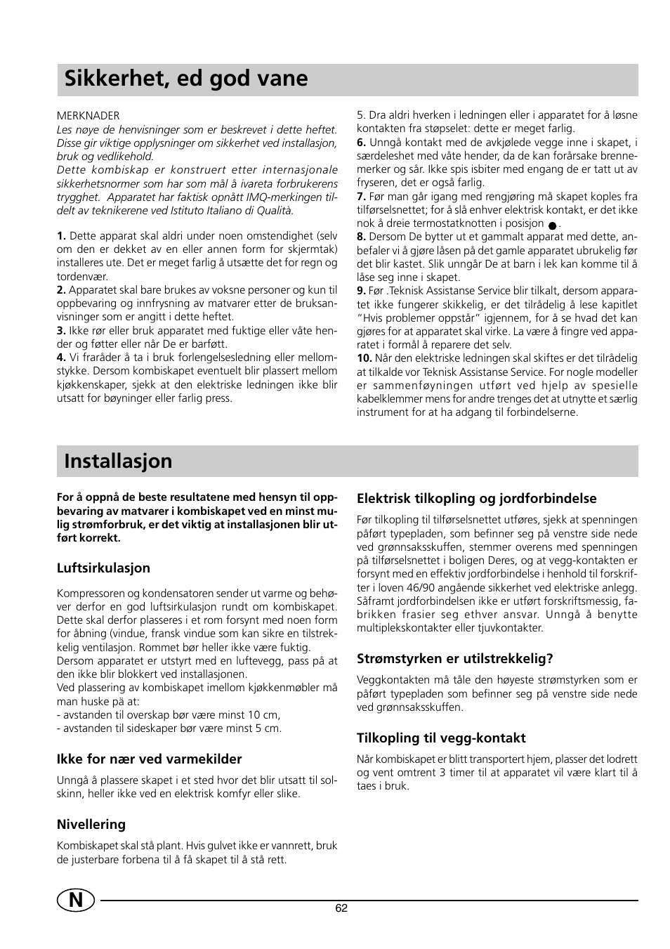 Sikkerhet, ed god vane, Installasjon | Indesit RG2190 User Manual | Page 64 / 72