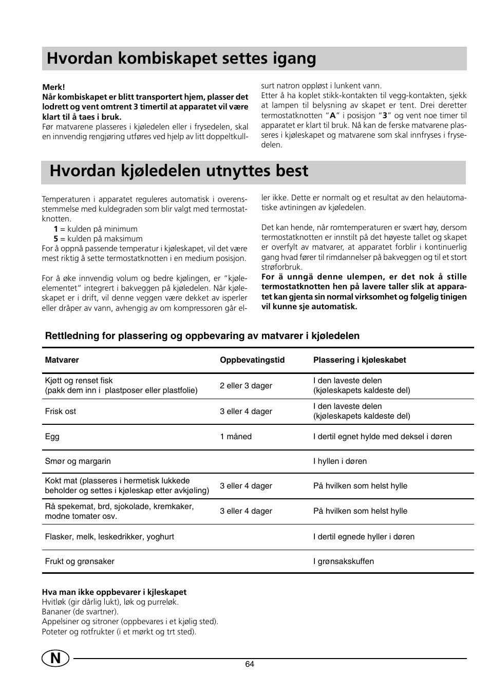 Hvordan kombiskapet settes igang, Hvordan kjøledelen utnyttes best | Indesit RG2190 User Manual | Page 66 / 72