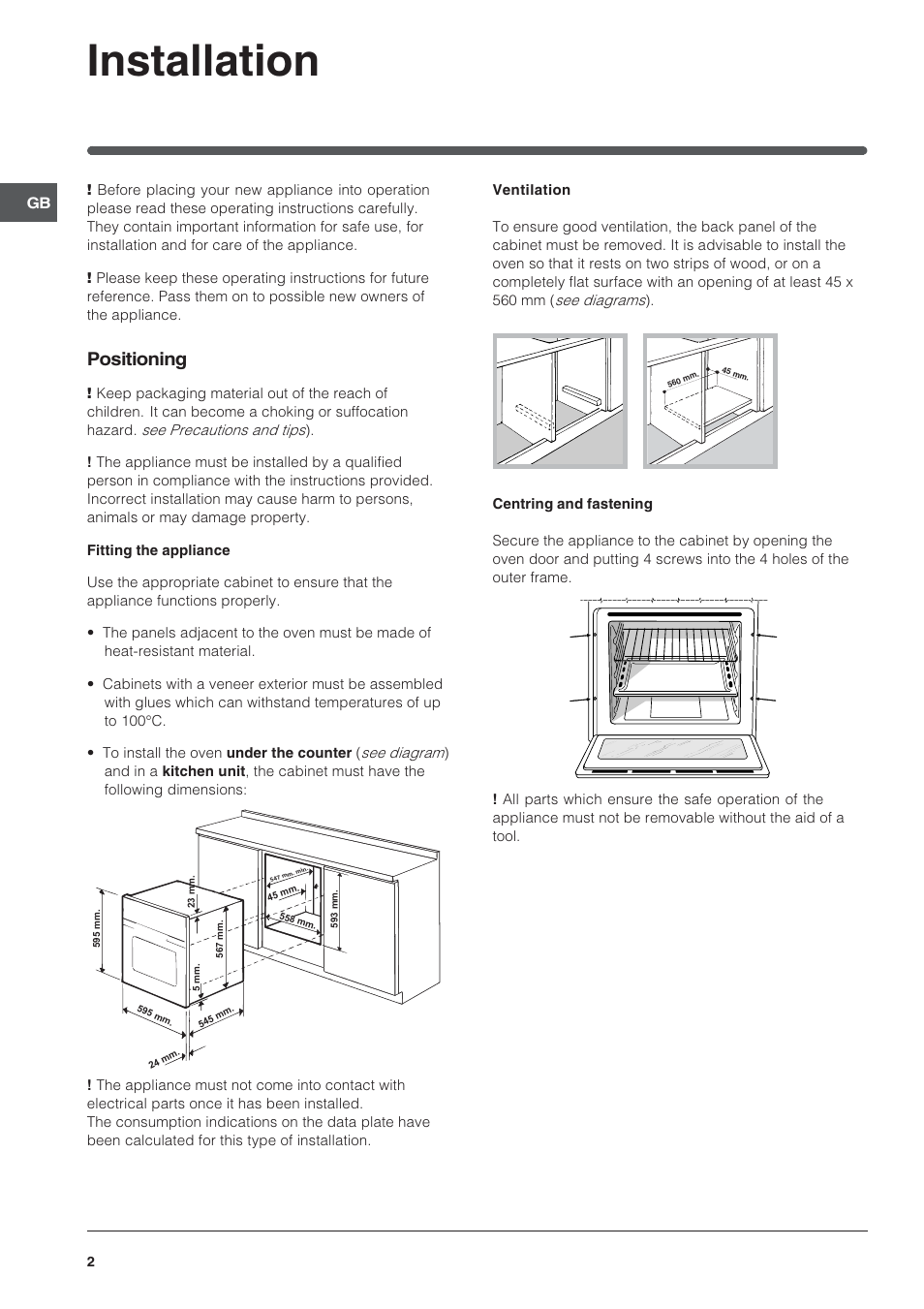 Installation, Positioning | Indesit IF63K-AIXUK User Manual | Page 2 / 12