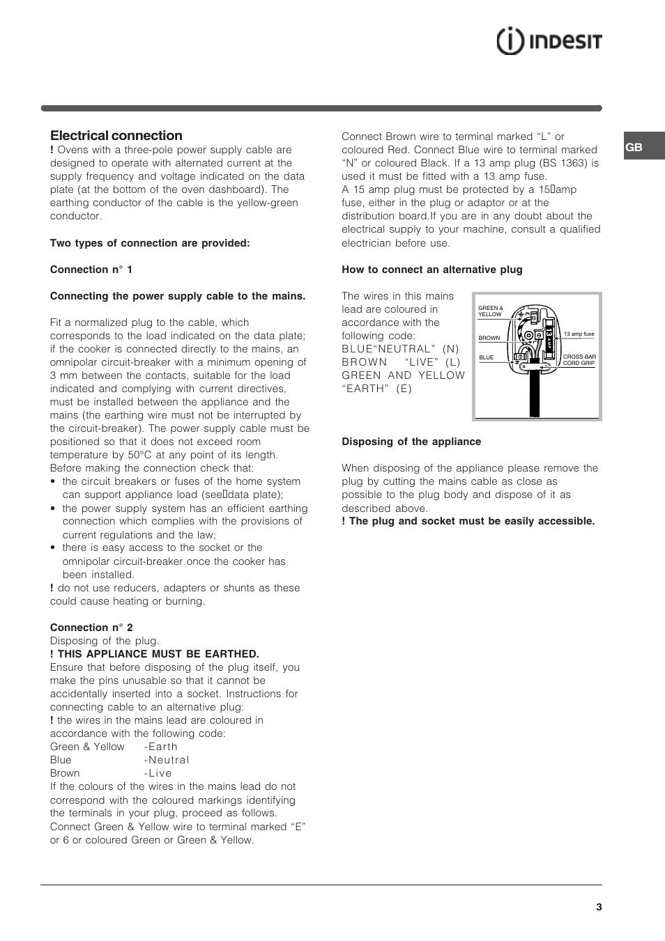 Electrical connection | Indesit IF63K-AIXUK User Manual | Page 3 / 12