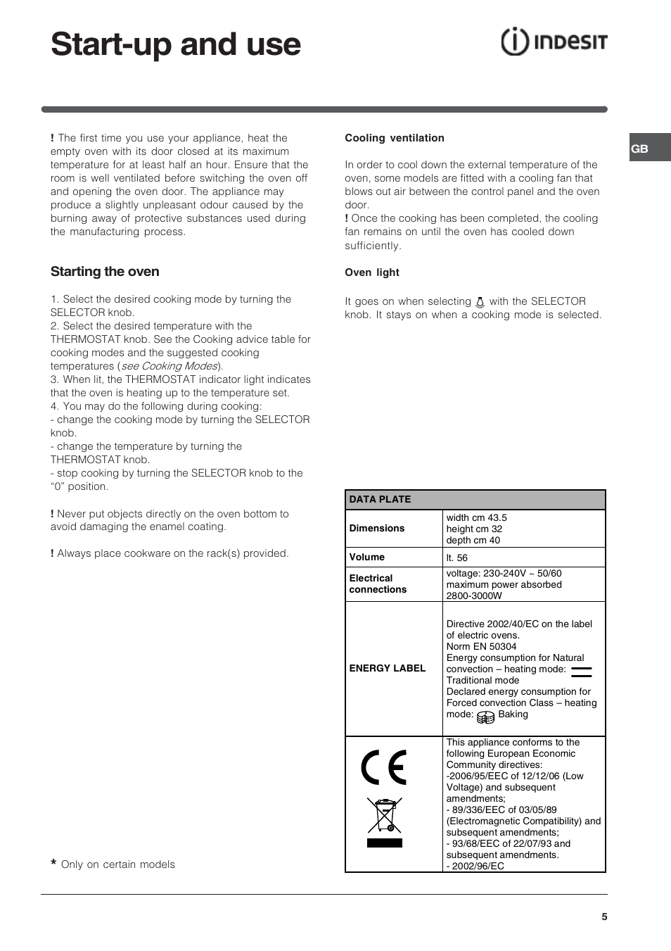 Start-up and use, Starting the oven | Indesit IF63K-AIXUK User Manual | Page 5 / 12